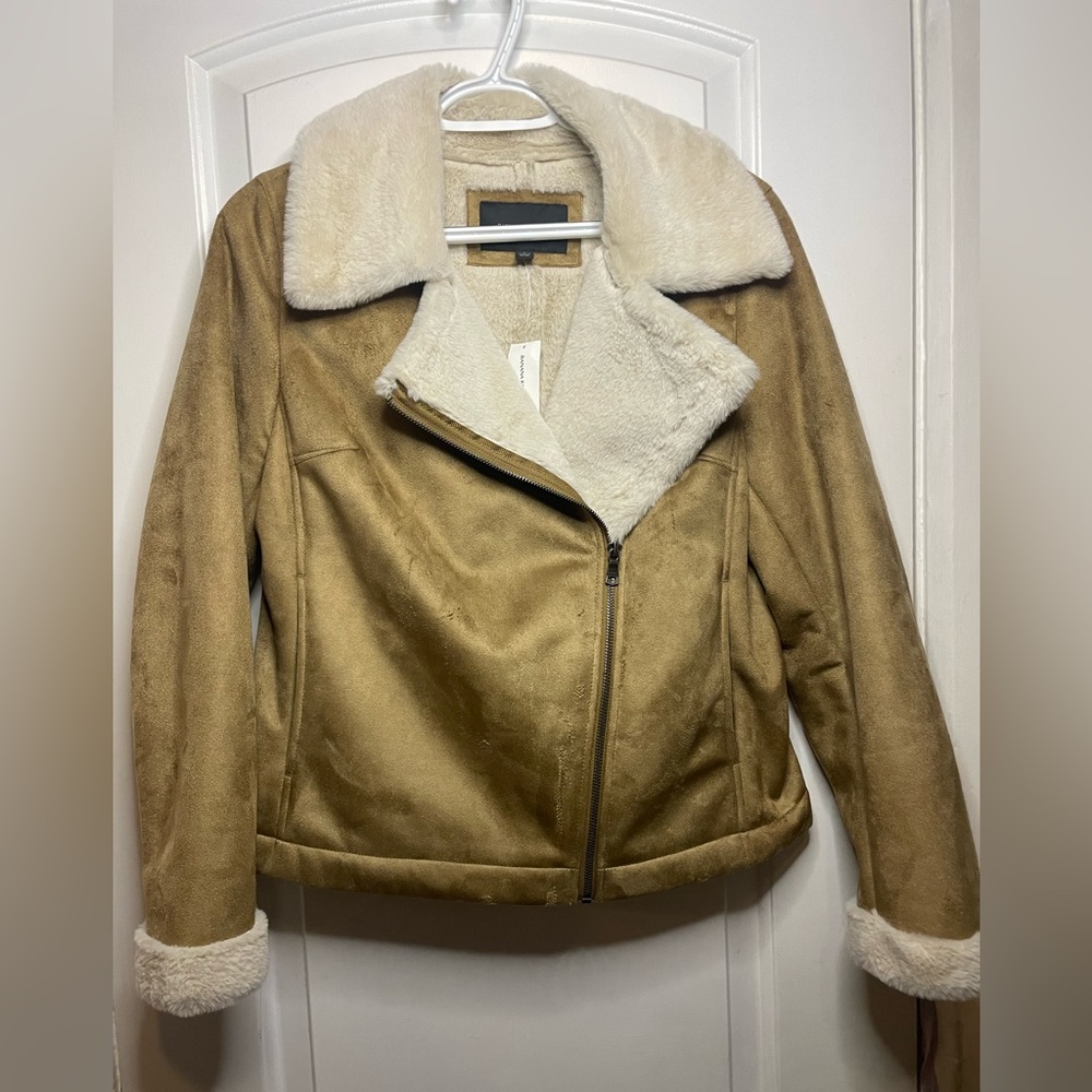 faux shearling moto jacket whiskey banana republic